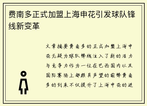 费南多正式加盟上海申花引发球队锋线新变革 费南多正式加盟上海申花引发球队锋线新变革