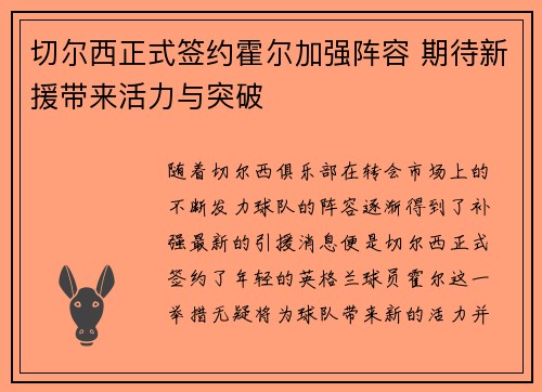切尔西正式签约霍尔加强阵容 期待新援带来活力与突破