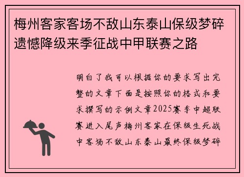 梅州客家客场不敌山东泰山保级梦碎遗憾降级来季征战中甲联赛之路 梅州客家客场不敌山东泰山保级梦碎遗憾降级来季征战中甲联赛之路