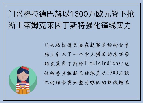 门兴格拉德巴赫以1300万欧元签下抢断王蒂姆克莱因丁斯特强化锋线实力